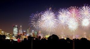 Fireworks on Ozzy Day celebration. Swan River, Perth Jan 26, 2013